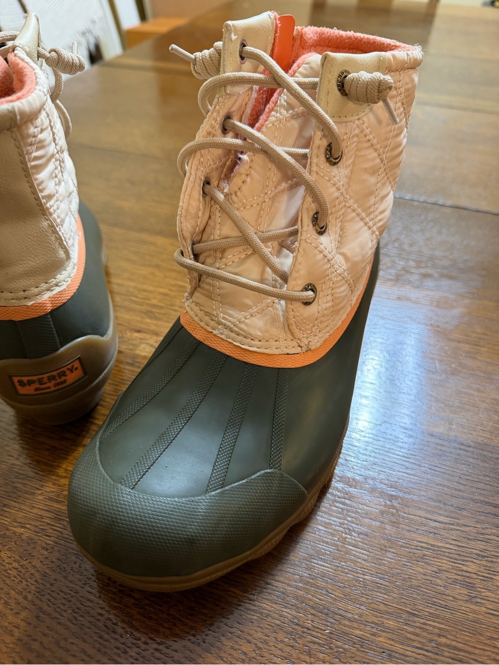 Sperry Olive & Tan Quilted Duck Boots with Coral Accents - Picture 3 of 9